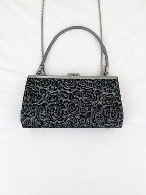 Vintage Black Rose Clutch Purse Bijoux Terner Y2K Gothic Evening Bag Silver Flor